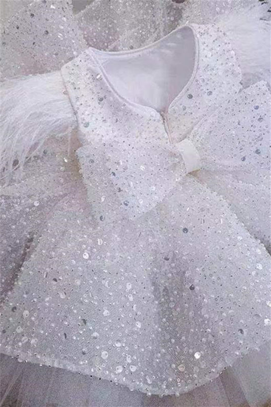 Beautiful White Sequins Flower Girl Dress With Cap Sleeves Feather