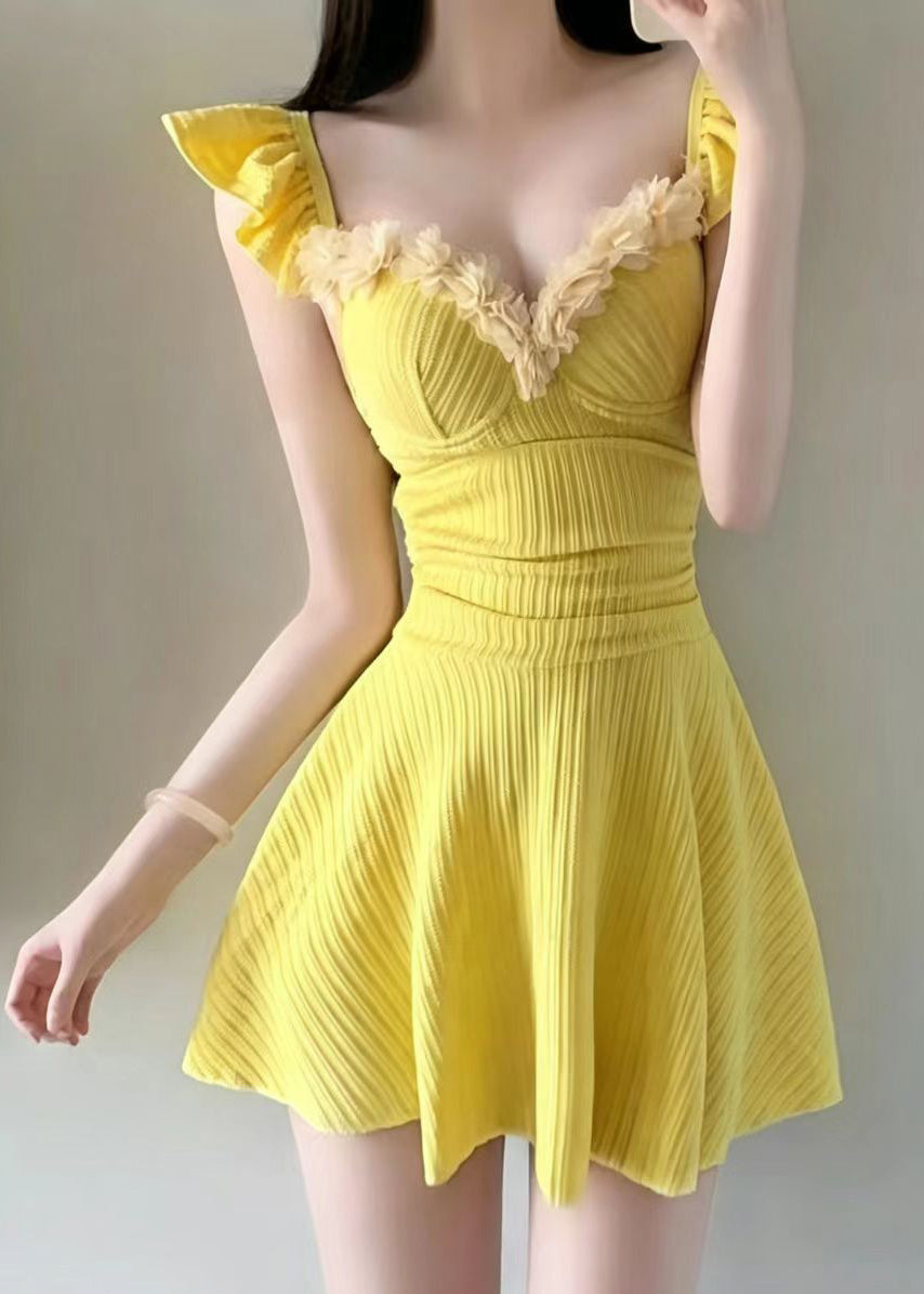 Beautiful Yellow Patchwork Ruffled Swimwear Dress Bodysuit