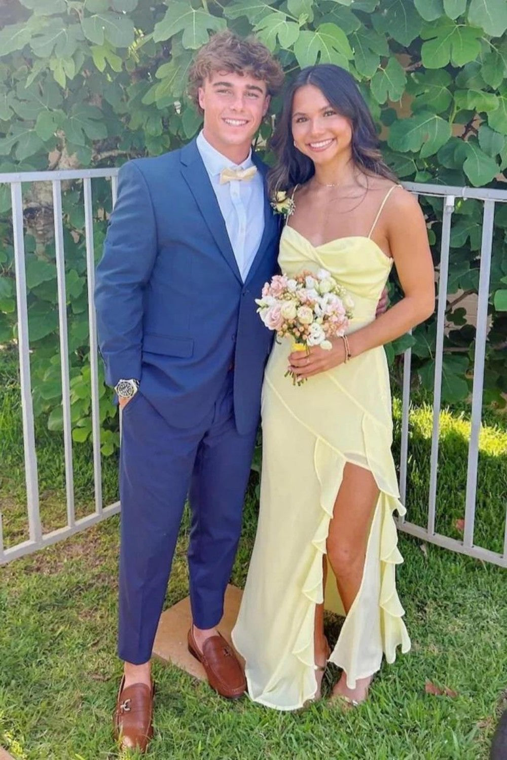 Pretty A Line Spaghetti Straps Yellow Long Prom Dress with Ruffles