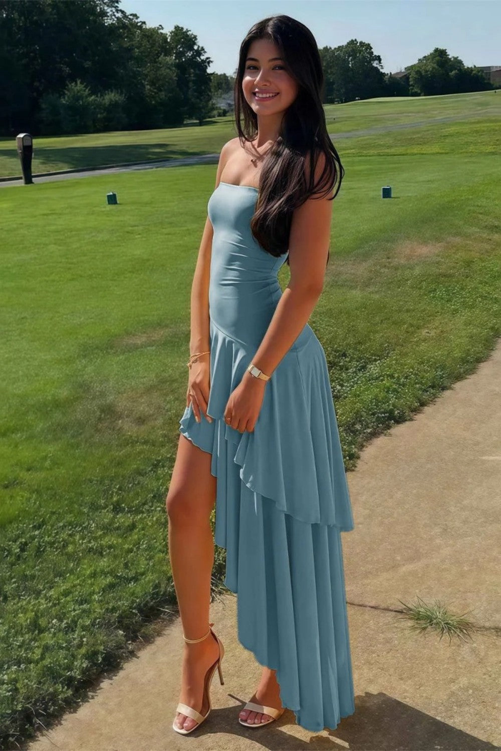 Beautiful A Line Strapless Blue Long Prom Dress with Ruffles