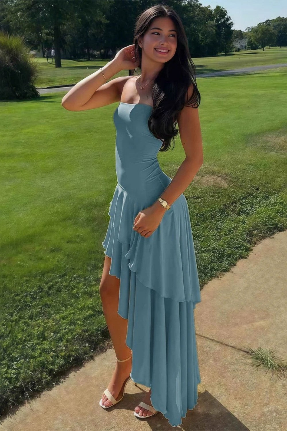 Beautiful A Line Strapless Blue Long Prom Dress with Ruffles