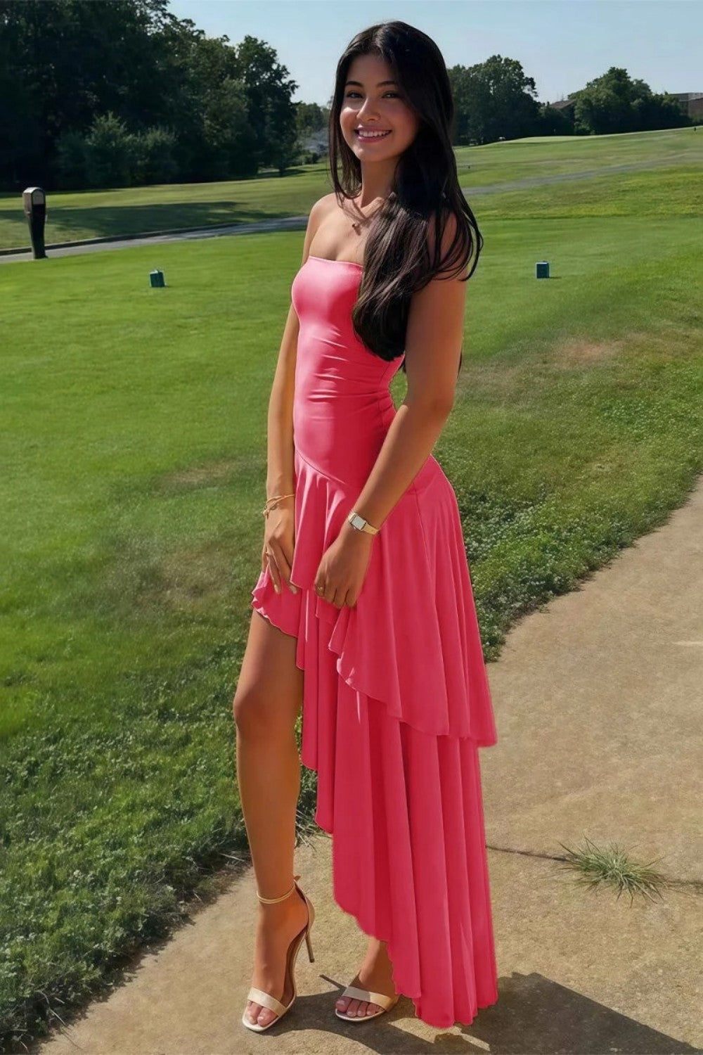 Beautiful A Line Strapless Blue Long Prom Dress with Ruffles