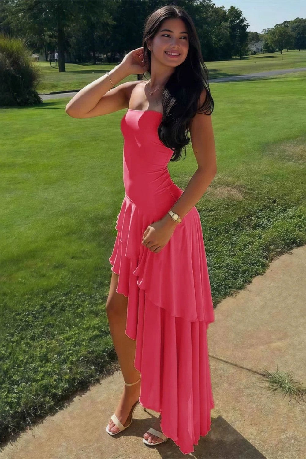 Beautiful A Line Strapless Blue Long Prom Dress with Ruffles
