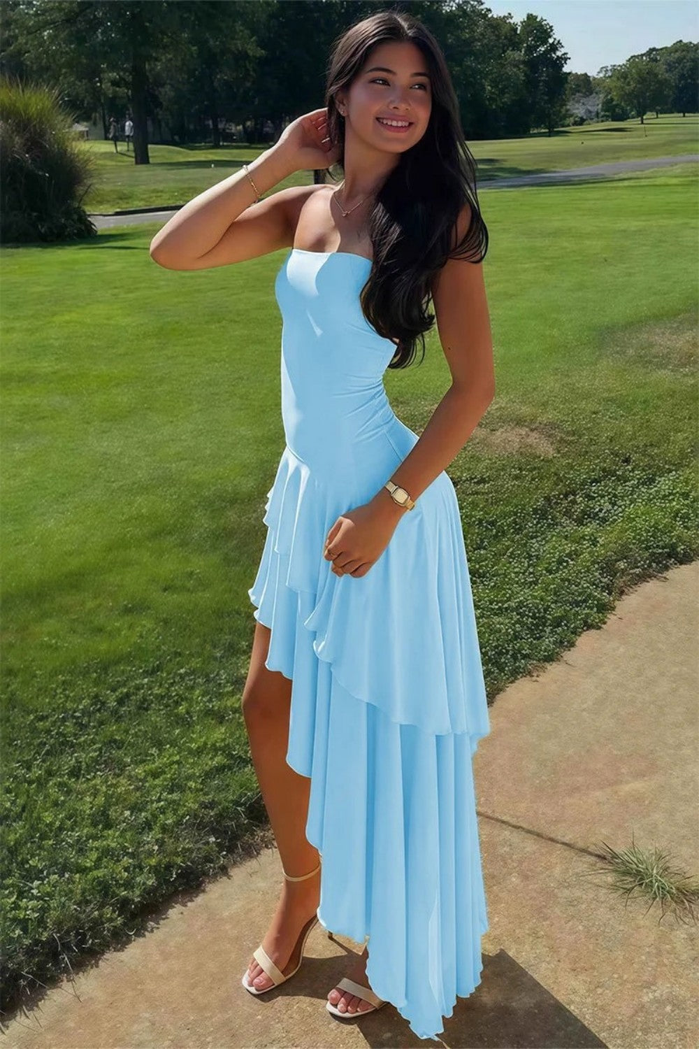 Beautiful A Line Strapless Blue Long Prom Dress with Ruffles