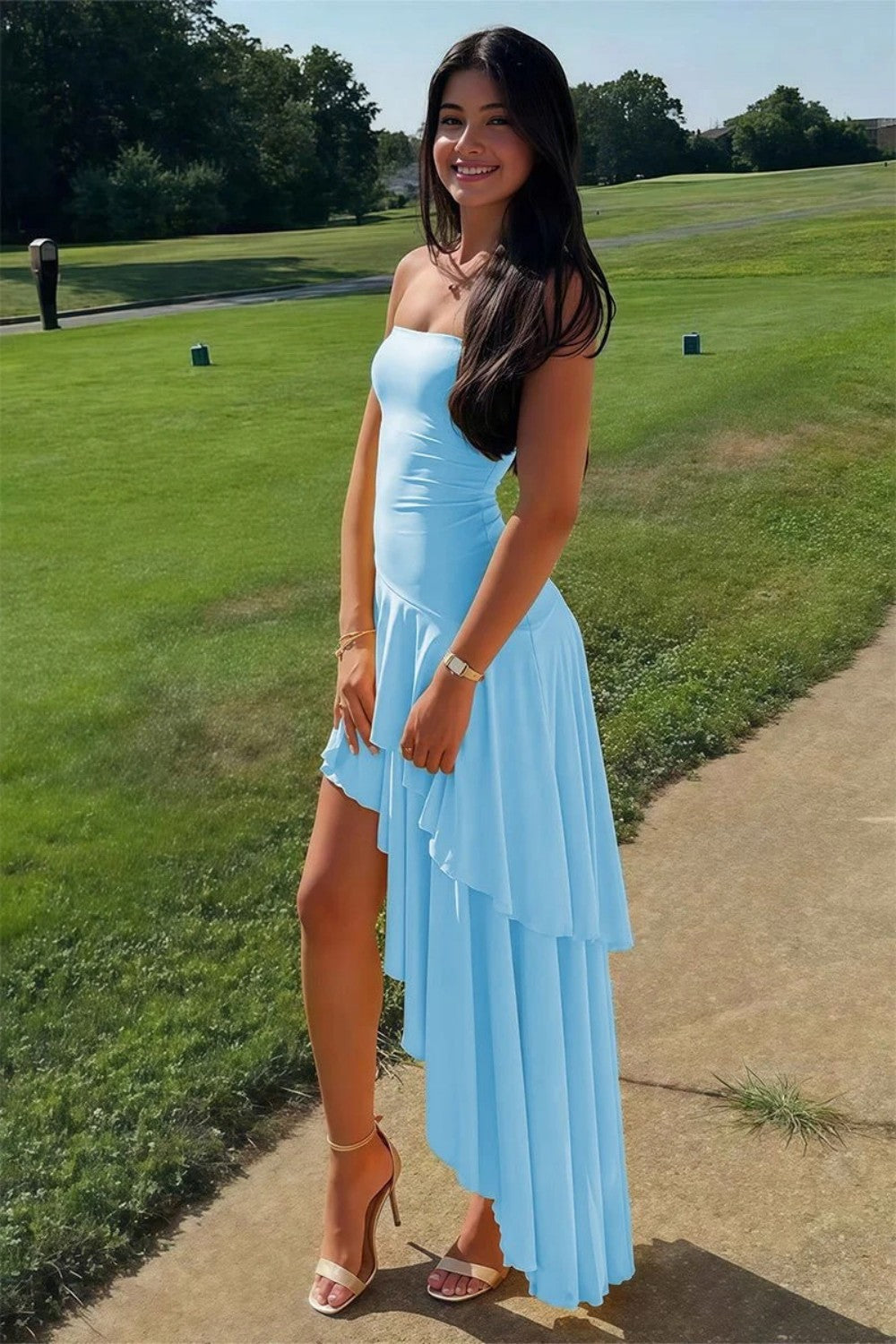 Beautiful A Line Strapless Blue Long Prom Dress with Ruffles