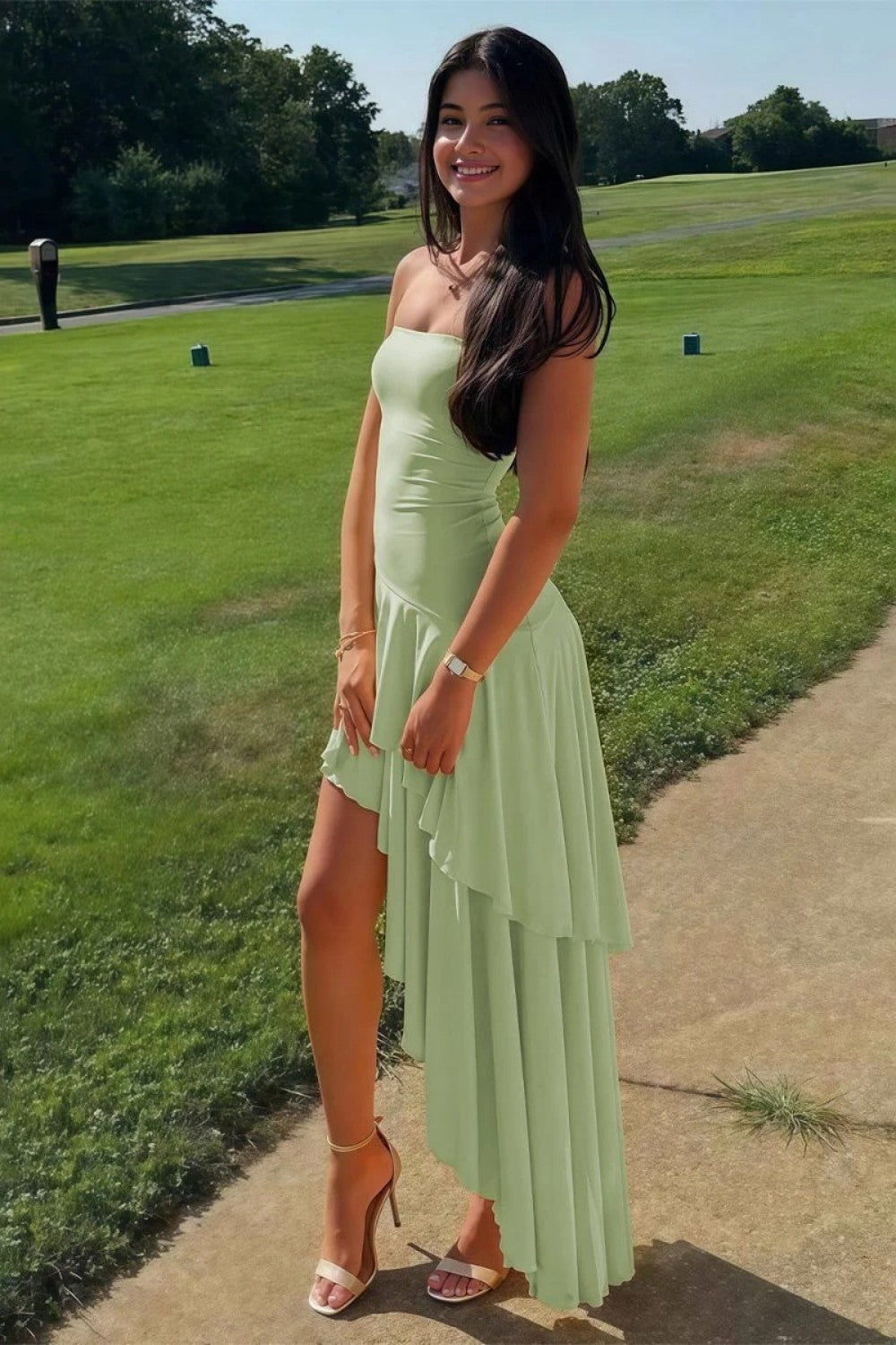 Beautiful A Line Strapless Blue Long Prom Dress with Ruffles
