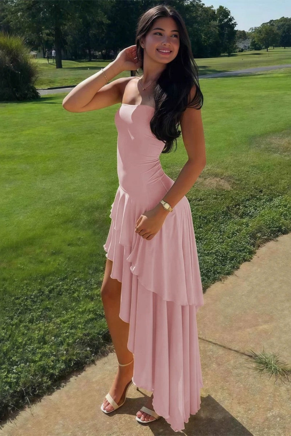Beautiful A Line Strapless Blue Long Prom Dress with Ruffles