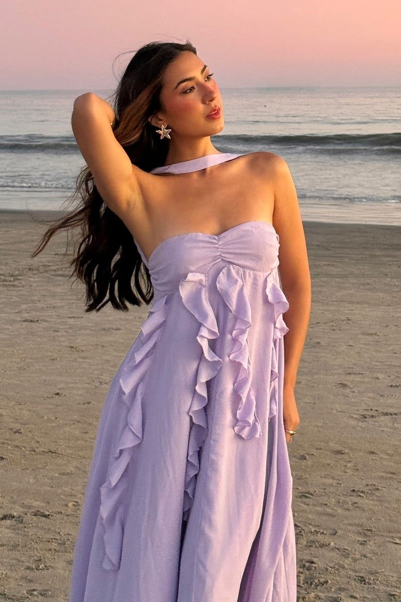 Beautiful A-Line Strapless Lilac Long Prom Dress with Ruffles - FashionDia