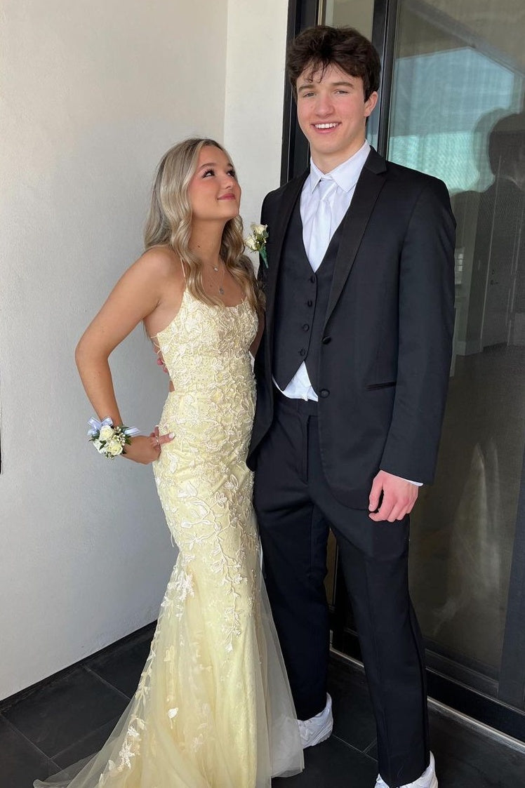 Beautiful Mermaid Spaghetti Straps Light Yellow Long Prom Dress with Appliques - FashionDia