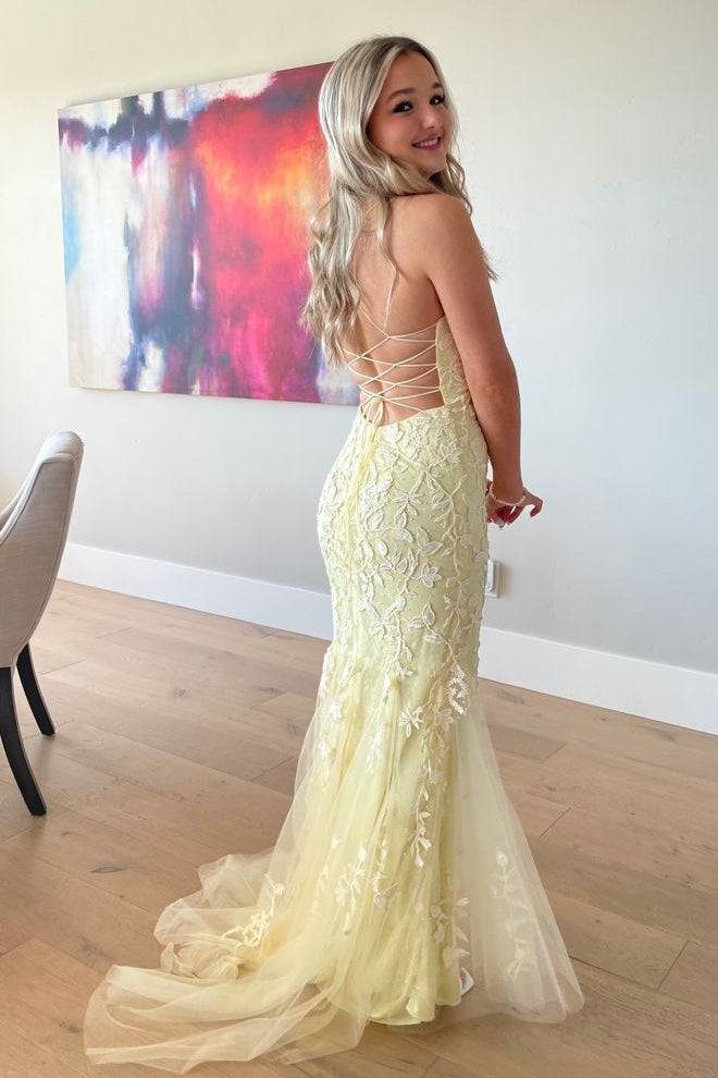 Beautiful Mermaid Spaghetti Straps Light Yellow Long Prom Dress with Appliques