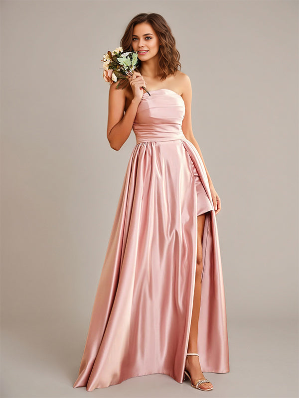 Dusty Rose A Line Satin Off the Shoulder Sleeveless Floor Length Bridesmaid Dresses
