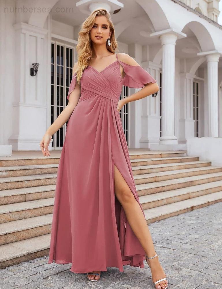 ZapDress Chiffon Cold Shoulder Long Bridesmaid Dresses Plus Size Formal Prom Gowns for Women Party Wedding (ZD17005)