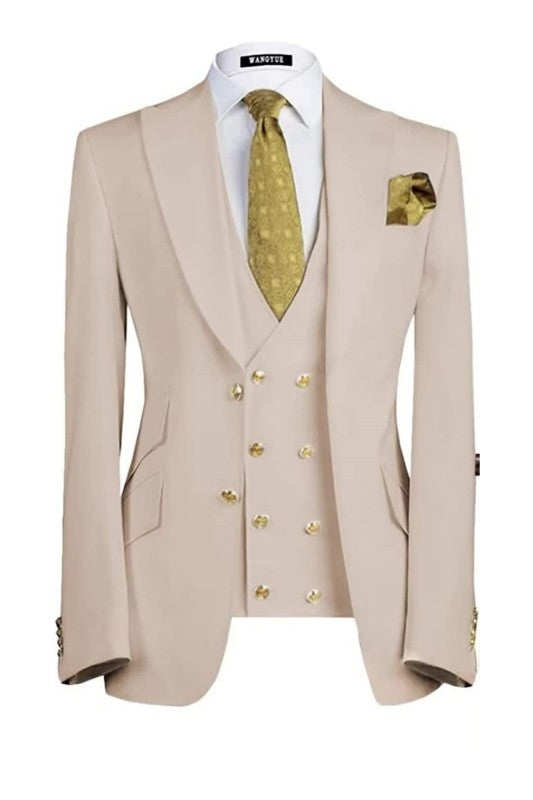 Beige Three Piece Peaked Lapel Prom Suit