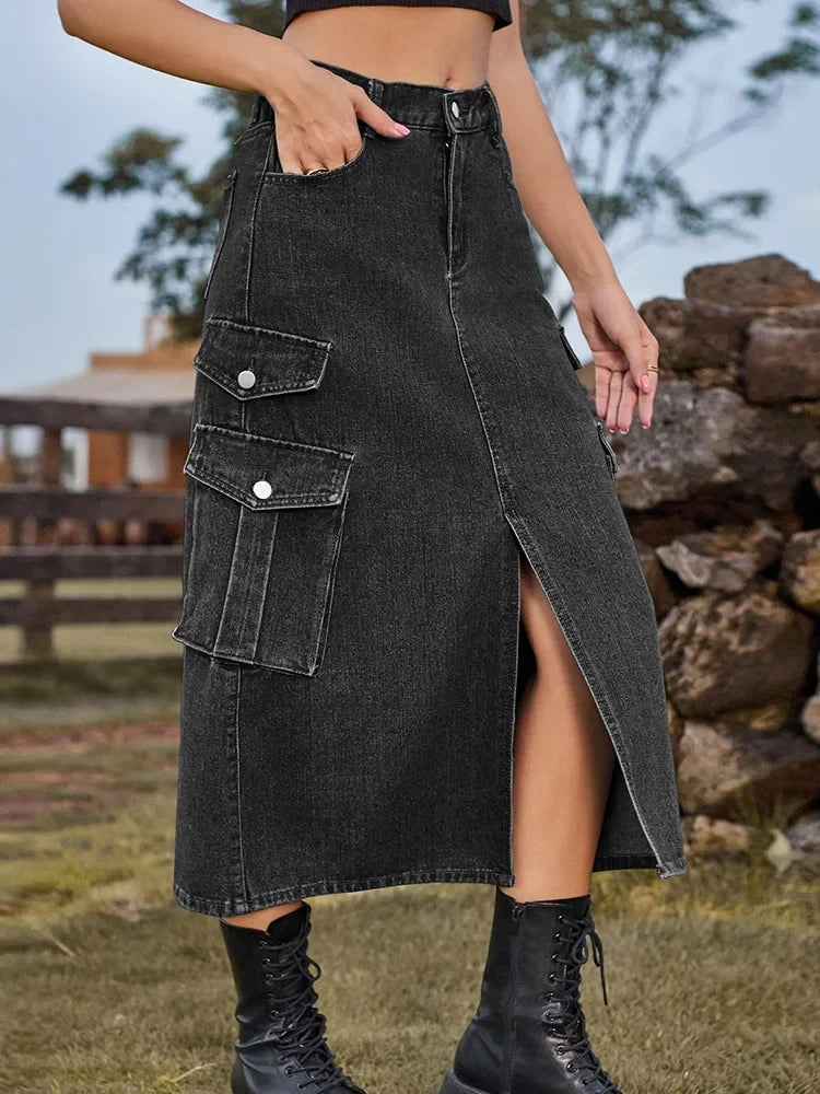 DressBetty - Casual Split Long High Waisted A-Line Cargo Jean Skirt - View 3 | VelvetHem