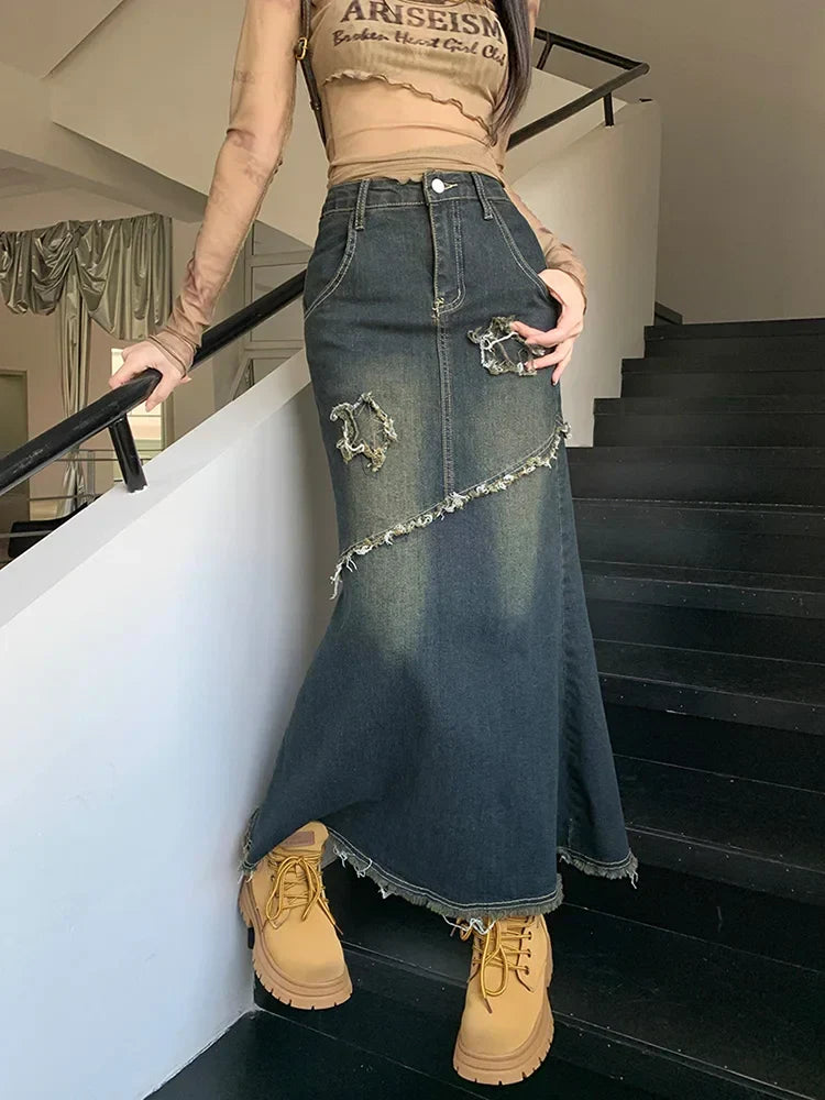 DressBetty - High Waist Raw Trim Mermaid Hem Long Denim Skirt - VelvetHem