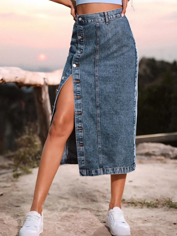 DressBetty - Streetwear Button Denim Skirt Bodycon Long Skirt - View 2 | VelvetHem