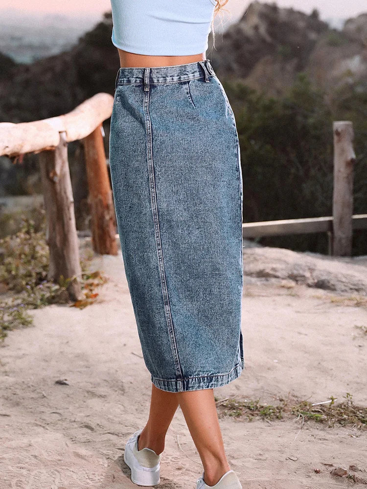 DressBetty - Streetwear Button Denim Skirt Bodycon Long Skirt - View 3 | VelvetHem