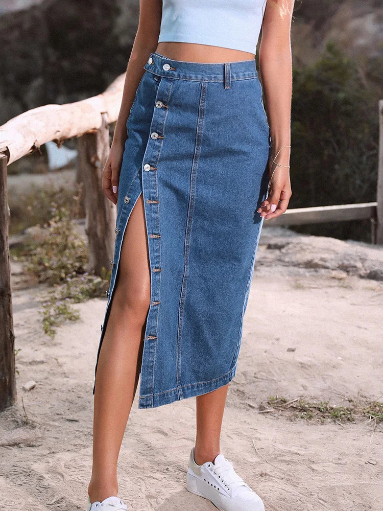 DressBetty - Streetwear Button Denim Skirt Bodycon Long Skirt - View 8 | VelvetHem