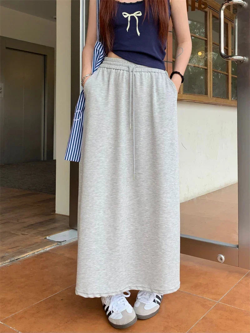 DressBetty - Solid Color Elastic Drawstring Straight Long Skirt