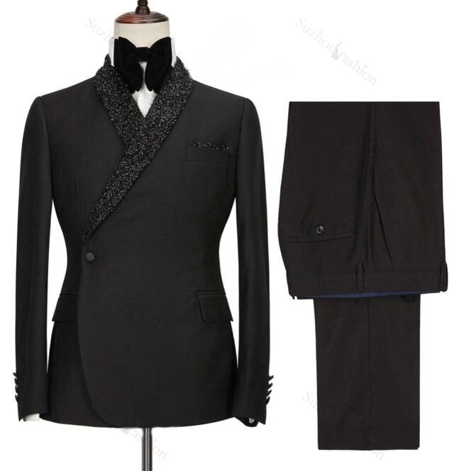 Black 2 Piece Wedding Suit with Sequins Shawl Lapel