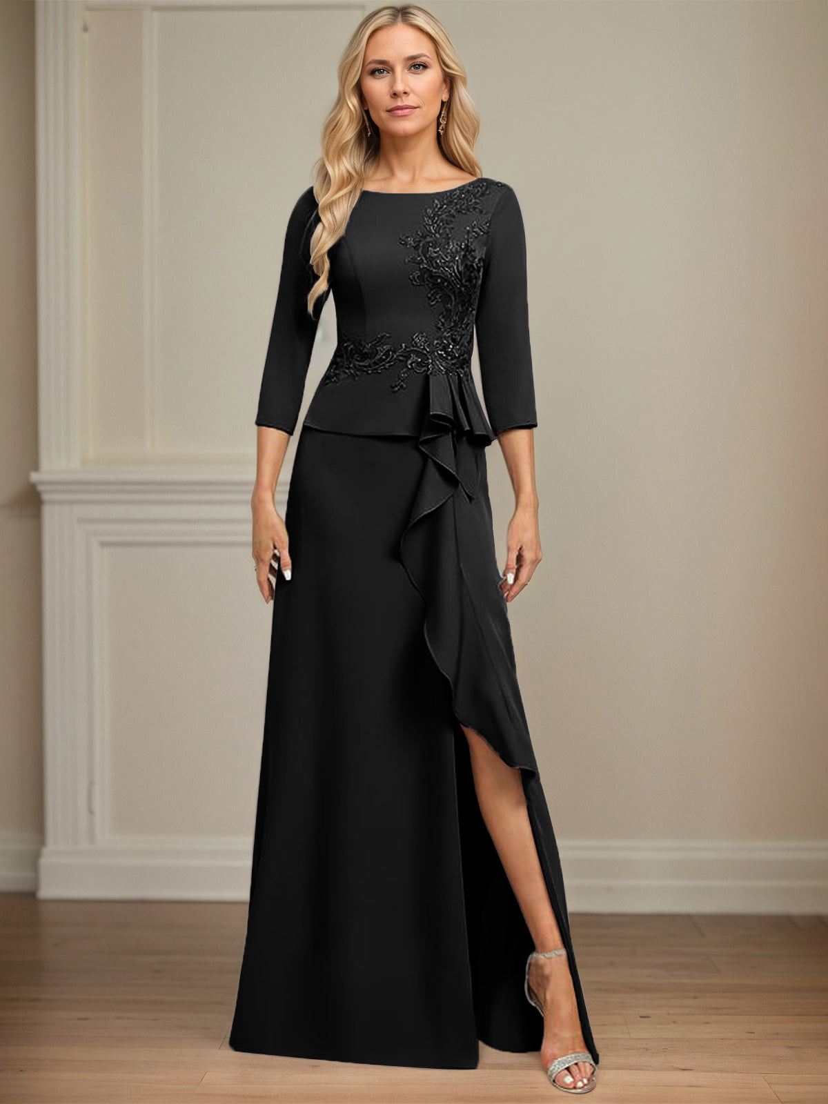 Sheath/Column Scoop Floor-Length Stretch Crepe Dress With Cascading Ruffles Appliques