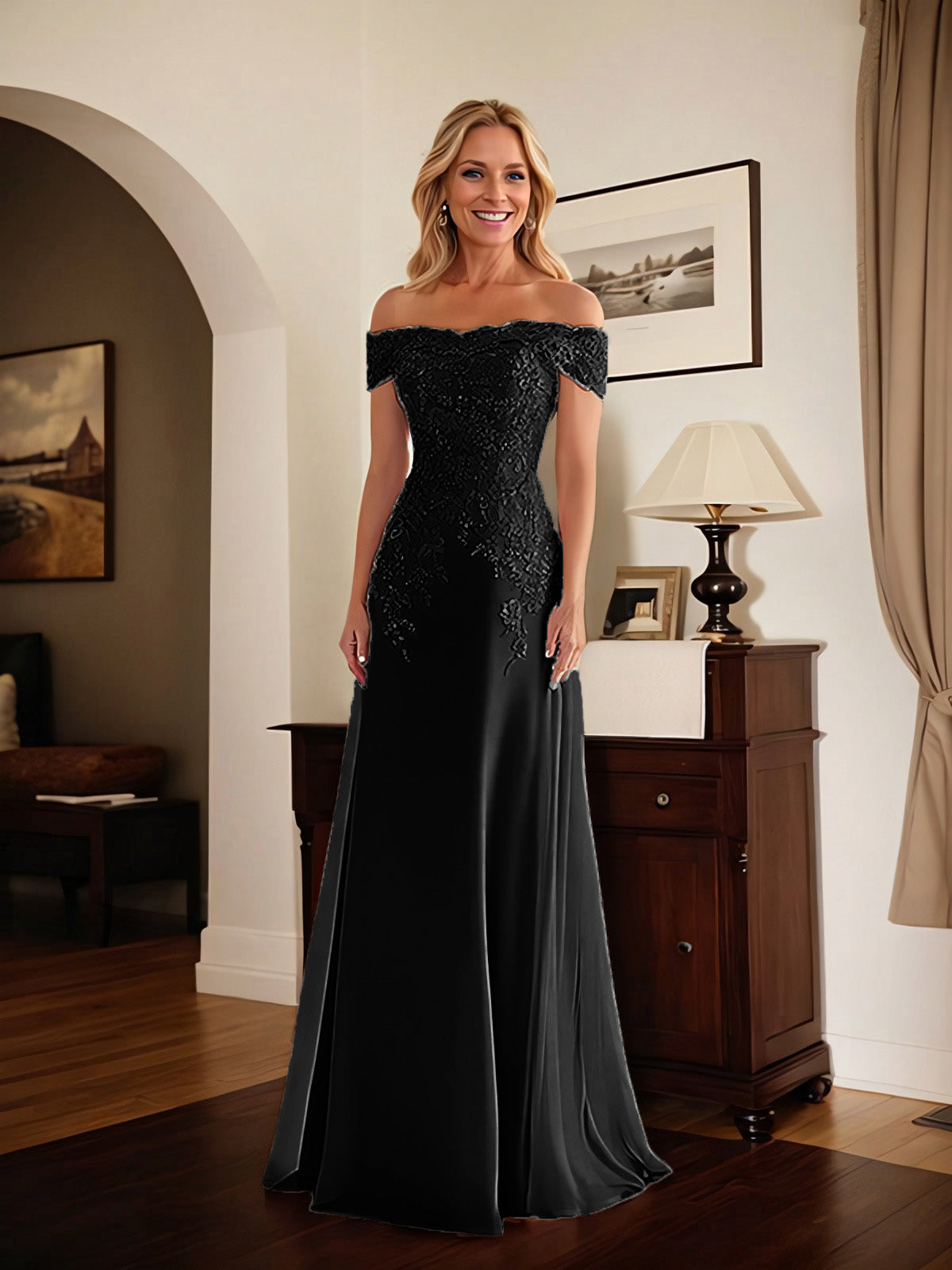 Elegant Taupe Off The Shoulder Sheath Mother of the Bride Dress with Lace
