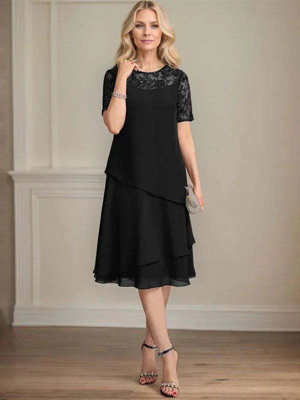 A-line Scoop Illusion Knee-Length Lace Chiffon Mother of the Bride Dress With Sequins