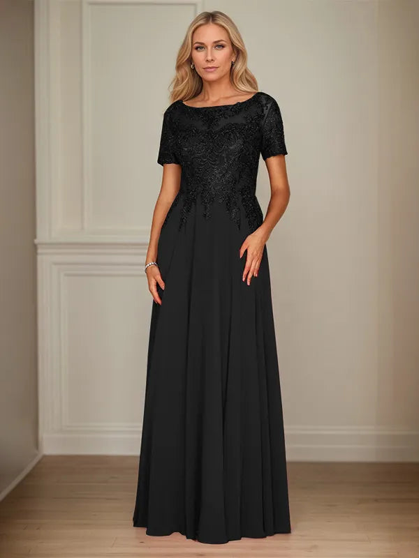 A-Line Chiffon Boat Neck Short Sleeves Floor-Length Mother of the Bride Dresses - View 4 | FashionDia