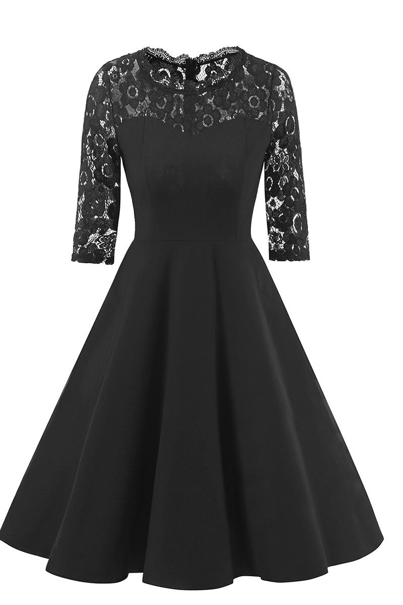 Black A-line Lace Fit And Flare Prom Dress With Half Sleeves - Fashionpara
