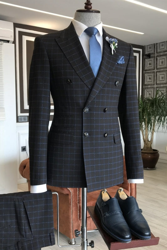 Black Double Breasted Peaked Lapel Business Suit with Blue Plaid