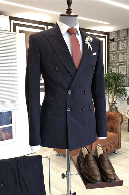 Black Double Breasted Peaked Lapel Striped Business Suit