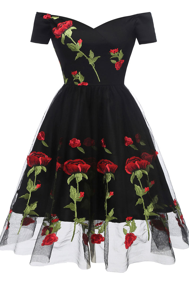 Black Off-the-shoulder Rose Embroidered A-line Prom Dress - Fashionpara