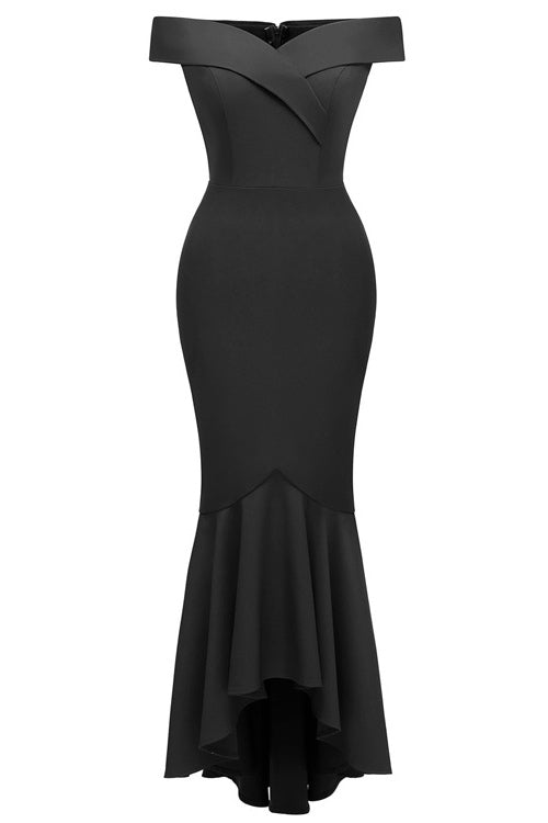 Dark Navy Off-the-shoulder Ruffled Prom Dress - Fashionpara