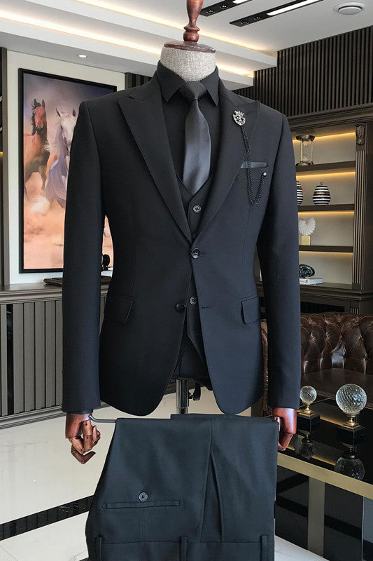Black Peaked Lapel Three Piece Business Suit