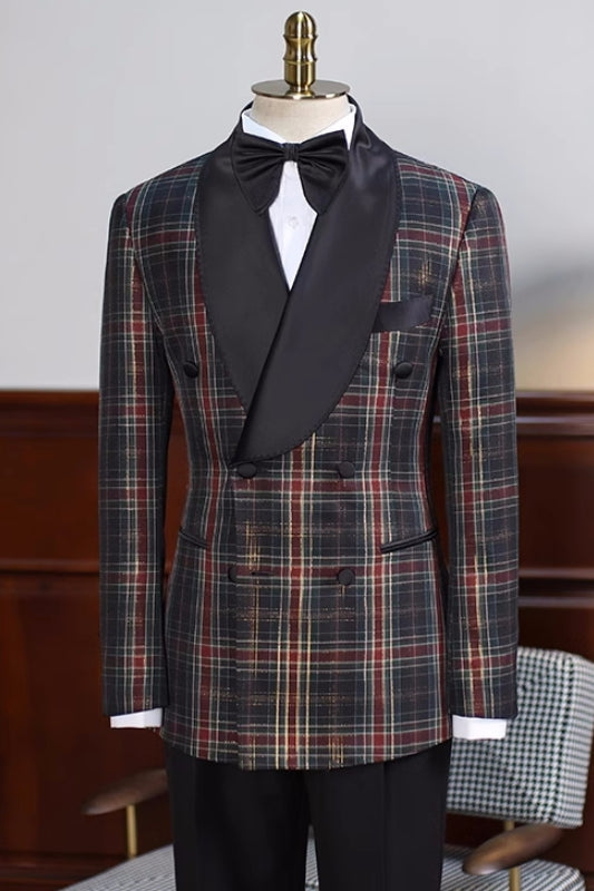 Black Plaid Double Breasted Shawl Lapel Prom Suit