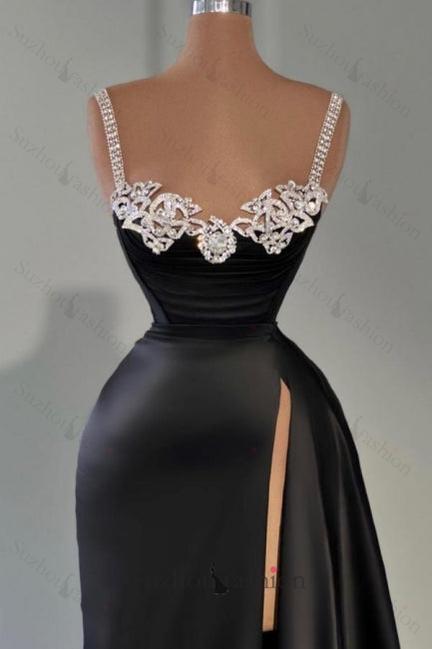 Black Prom Dress A Line Sleeveless Satin Slit Formal Dress With Jewels