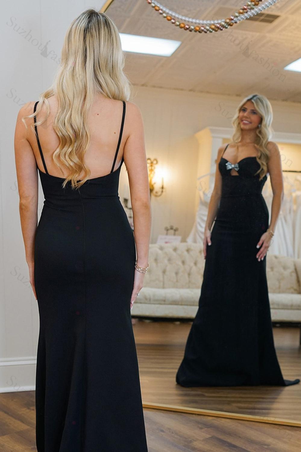 Black Prom Dress A Line Spaghetti Straps Long Formal Dress With Bow