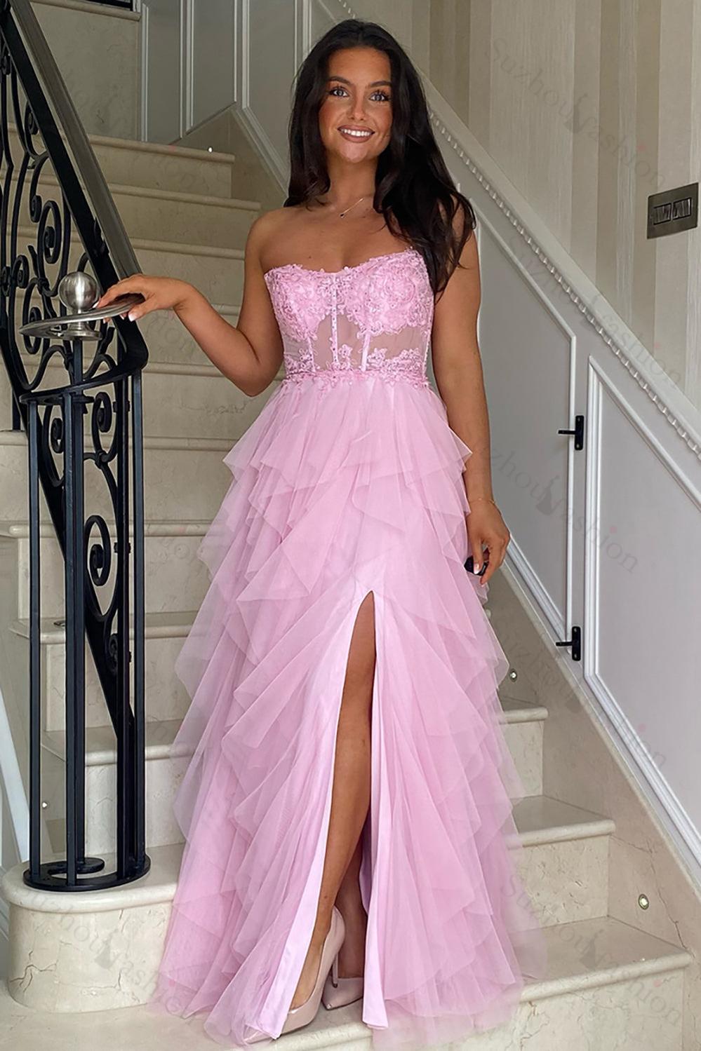 Black Prom Dress Floral A-Line Ruffles Strapless Long Formal Dress With Slit