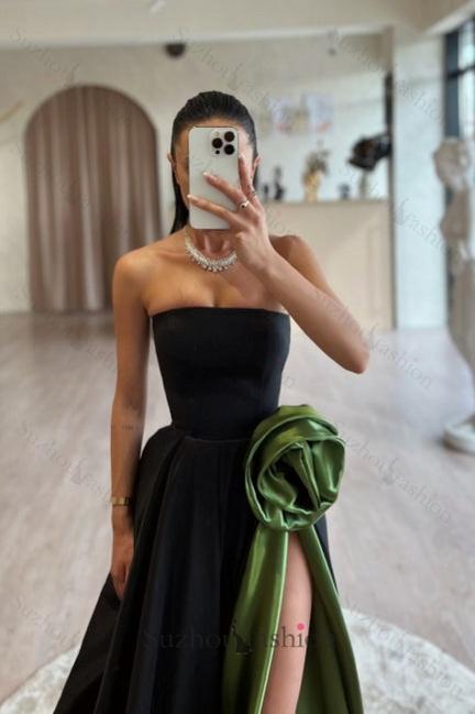 Black Prom Dress Strapless A Line Sleeveless Sweep Train Satin Formal Dress With High Slit