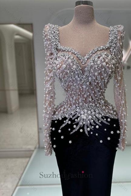 Black Prom Dress Sweetheart Mermaid Beaded Sequined Sleeve Formal Dress With Pearls