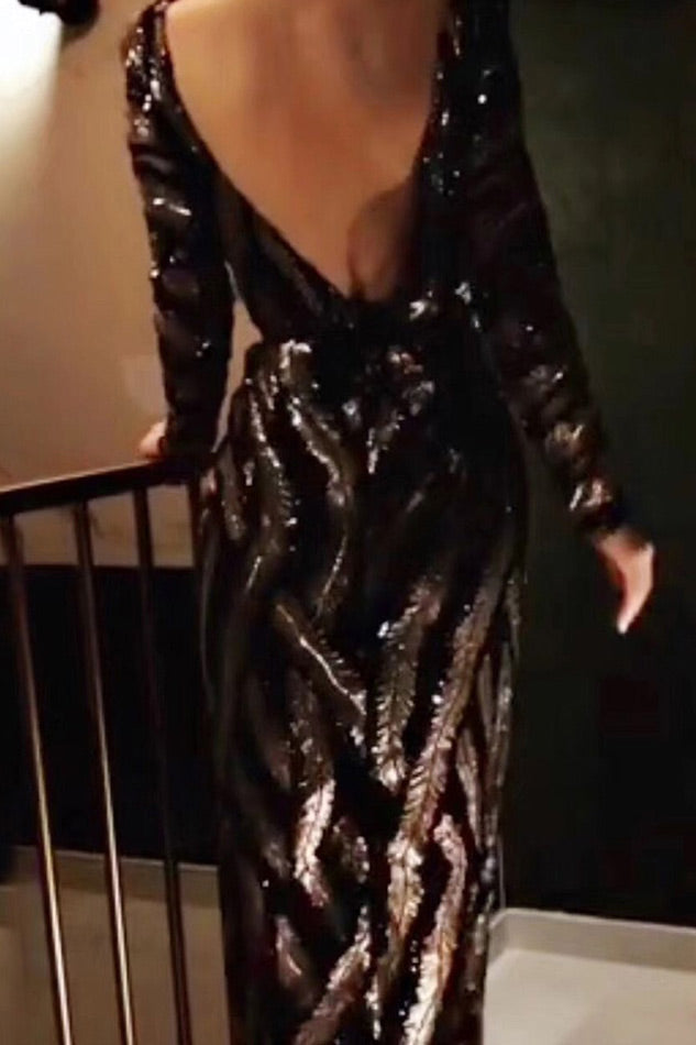 Black Sequined Thigh-high Slit Prom Dress With Long Sleeves - Fashionpara