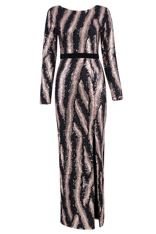 Black Sequined Thigh-high Slit Prom Dress With Long Sleeves - Fashionpara