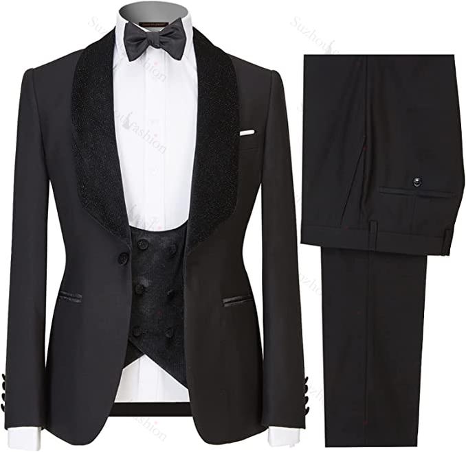 Black Shawl Lapel Three Piece Wedding Suit for Men