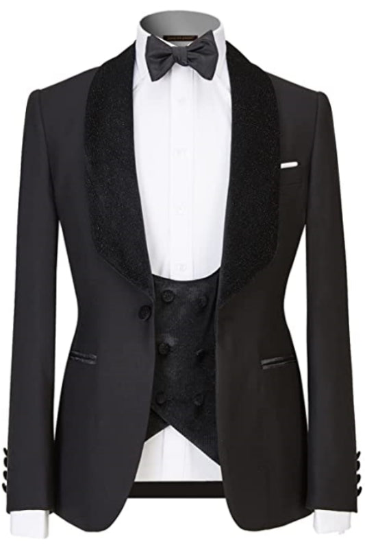 Black Shawl Lapel Three Piece Wedding Suit for Men