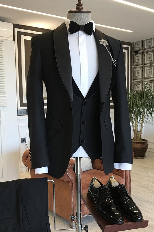 Black Shawl Lapel Three Piece Wedding Suit