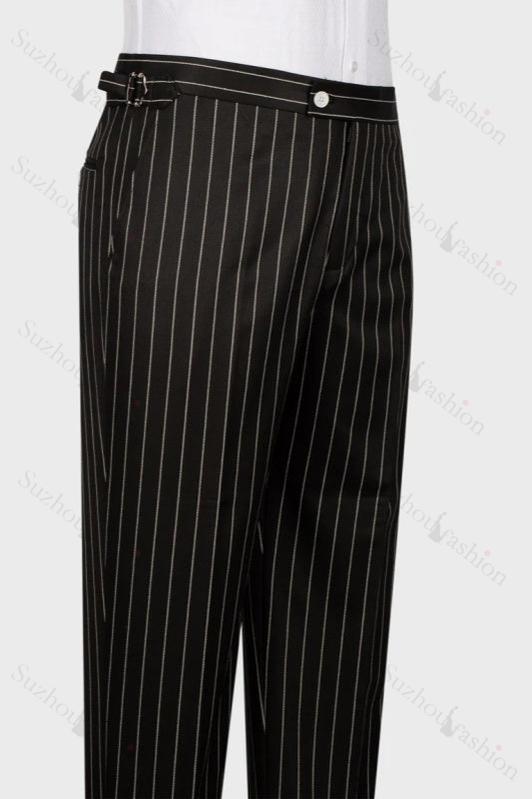 Black Striped Peaked Lapel 3 Piece Business Men's Suit