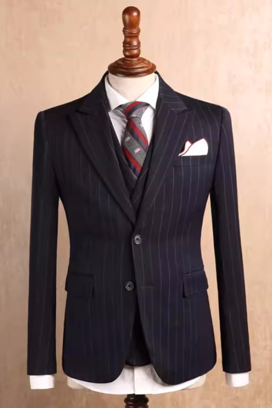 Black Striped Peaked Lapel Three Piece Business Suit