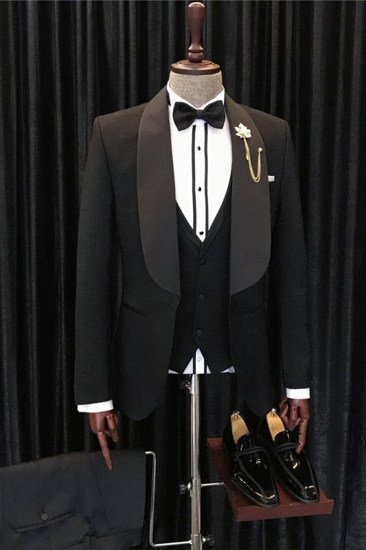 Black Three Piece Shawl Lapel Wedding Suit