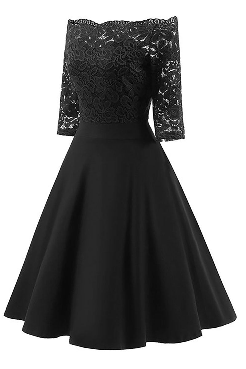 Black V-neck A-line Prom Dress With Half Sleeves - Fashionpara