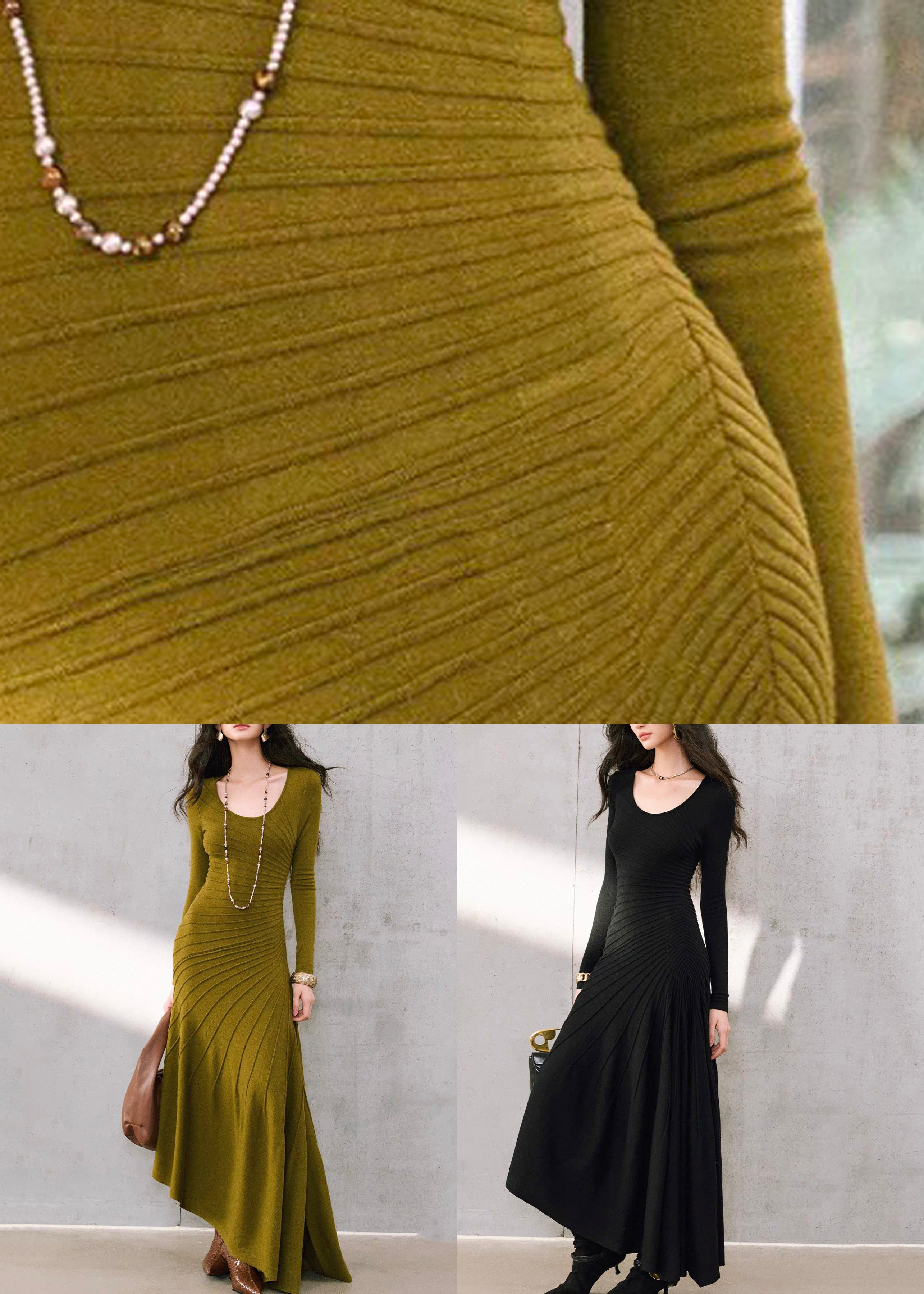 Black Wrinkled Slim Solid Long Fishtail Dress Spring